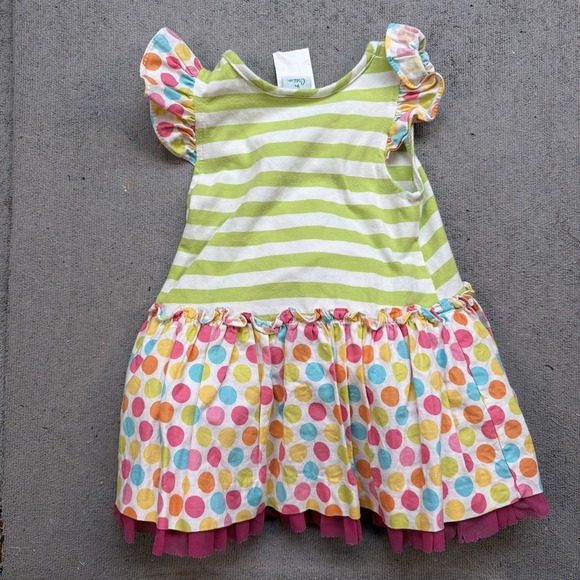 Peaches and Cream Baby Girl Cupcake Dress Green Stripe Polka Dot Flutter Sleeve - Picture 8 of 9